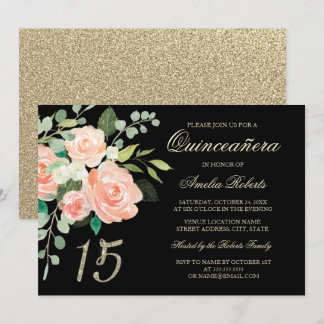Blush Peach Floral Gold Glitzern Quinceanera Einladung