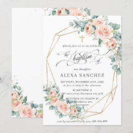 Blush Peach Floral Greenerie Taufe Geometrie Einladung