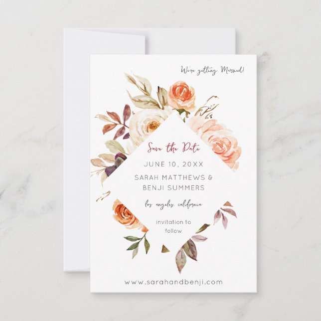 Blush & Peach Floral Rustic & Vertikales Foto Save The Date (Vorderseite)