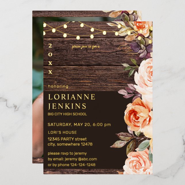 Blush &Peach floral Rustikaler Abschluss Foto v2 F Folieneinladung (Vorderseite/Rückseite)