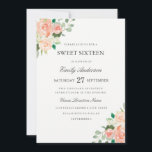 Blush Peach Floral Watercolor 16 . Geburtstag Einl Einladung<br><div class="desc">Elegante 16 . Geburtstag Einladung mit einem weichen floralen Aquarell-Design in den Farbtönen Rosa,  Pfirsich und Grün. Klassischer Text in weichem Grau kann vollständig personalisiert sein. Matching Wedding Collection im Little Bayleigh Store!</div>