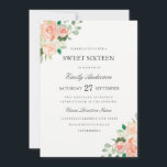 Blush Peach Floral Watercolor 16 . Geburtstag Einl Einladung<br><div class="desc">Elegante 16 . Geburtstag Einladung mit einem weichen floralen Aquarell-Design in den Farbtönen Rosa,  Pfirsich und Grün. Klassischer Text in weichem Grau kann vollständig personalisiert sein. Matching Wedding Collection im Little Bayleigh Store!</div>