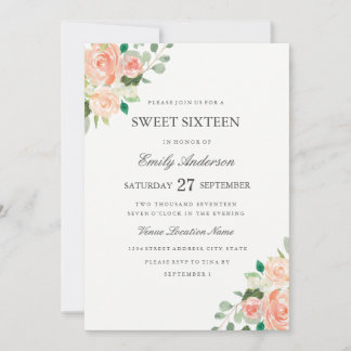 Blush Peach Floral Watercolor 16 . Geburtstag Einl Einladung