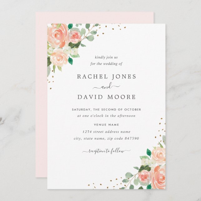 Blush Peach Floral Watercolor Confetti Wedding Einladung (Vorne/Hinten)