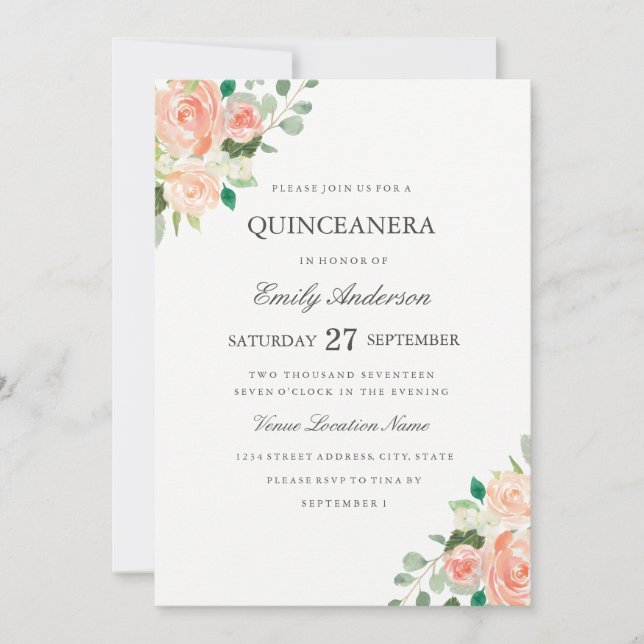 Blush Peach Floral Watercolor Quinceanera Einladun Einladung (Vorderseite)