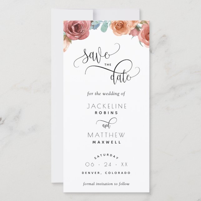 Blush Peach floral Wedding Save the Date Lesezeich (Vorderseite)