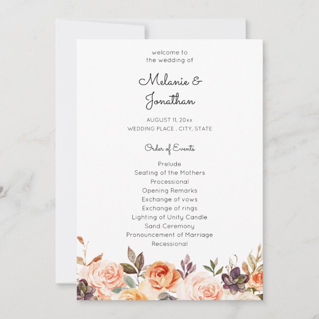 Blush & Peach Floral Wedding Zeremonie Programm (Vorderseite)