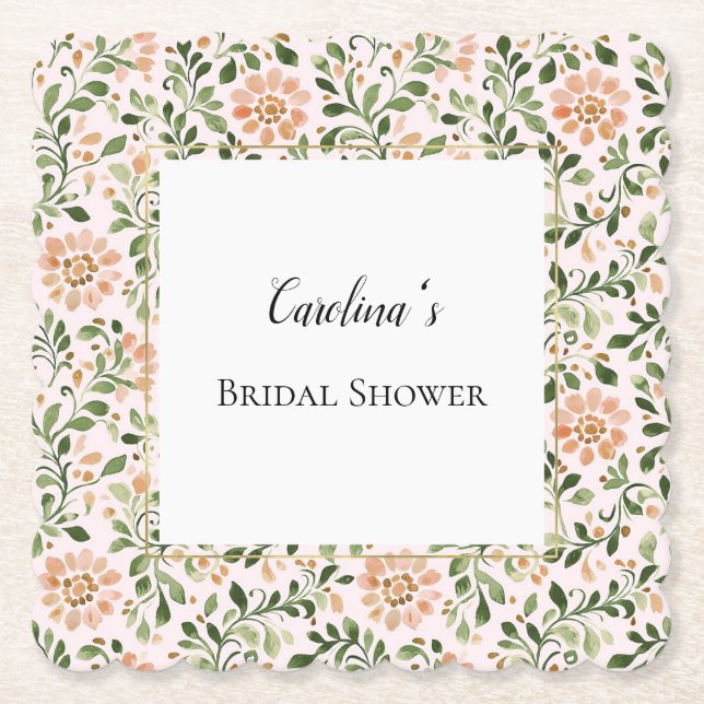 Blush Peach Flowers Green Leaves Bridal Shower   Untersetzer (Vorderseite)