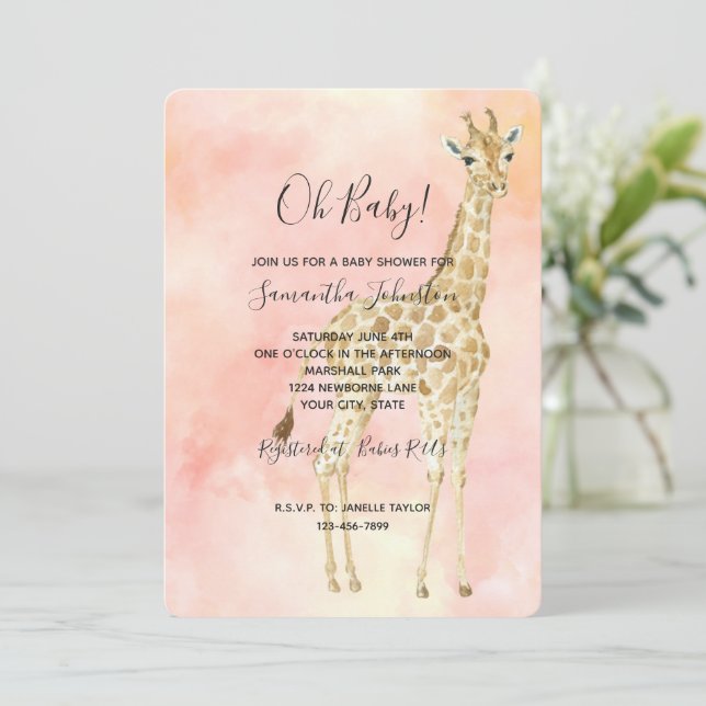 Blush Peach Giraffe Babydusche Einladung (Stehend Vorderseite)