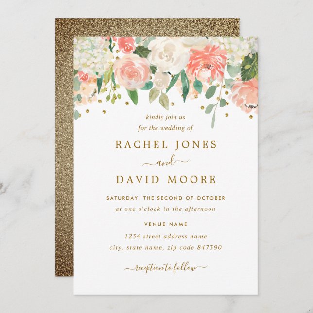 Blush Peach Gold Rustic Floral Wedding Einladung (Vorne/Hinten)