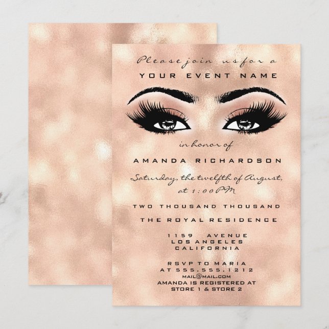 Blush Peach Makeup Glitzer Eyes 16. Bridal Damask Einladung (Vorne/Hinten)
