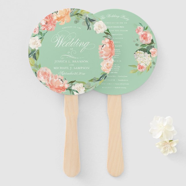 Blush Peach Mint Wasserfarbe Begrüßung Hochzeit Fächer (Vorne und Hinten)