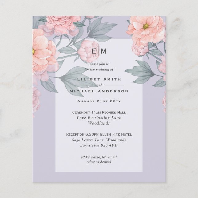 Blush Peach PEONIES Blue Wedite BUDGET Flyer (Vorne)