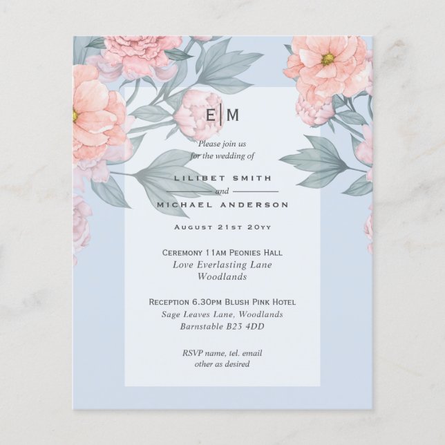 Blush Peach PEONIES Blue Wedite Empfang Flyer (Vorne)