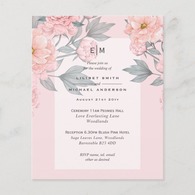 Blush Peach PEONIES Lilac Wedite BUDGET Flyer (Vorne)