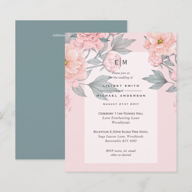 Blush Peach PEONIES Sage Wedite Einladung Empfang (Vorne/Hinten)