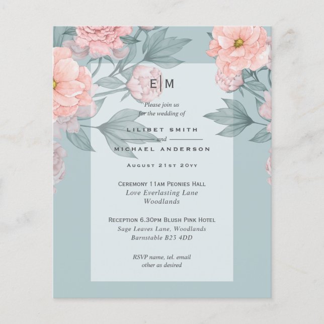 Blush Peach PEONIES Sage Wedite Einladung Empfang Flyer (Vorne)