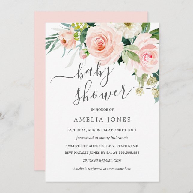 Blush Peach Pink Aquarell BläsernBaby Dusche Einladung (Vorne/Hinten)