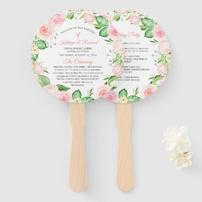 Blush Peach Pink Floral Wedding Program Hand Fan Fächer (Vorne und Hinten)