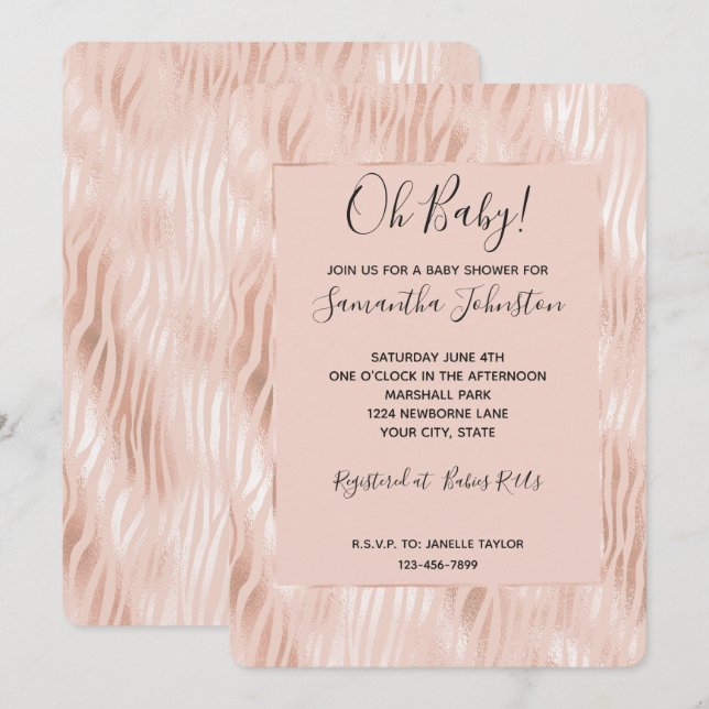 Blush Peach Pink Zebra Baby Dusche Einladung (Vorne/Hinten)
