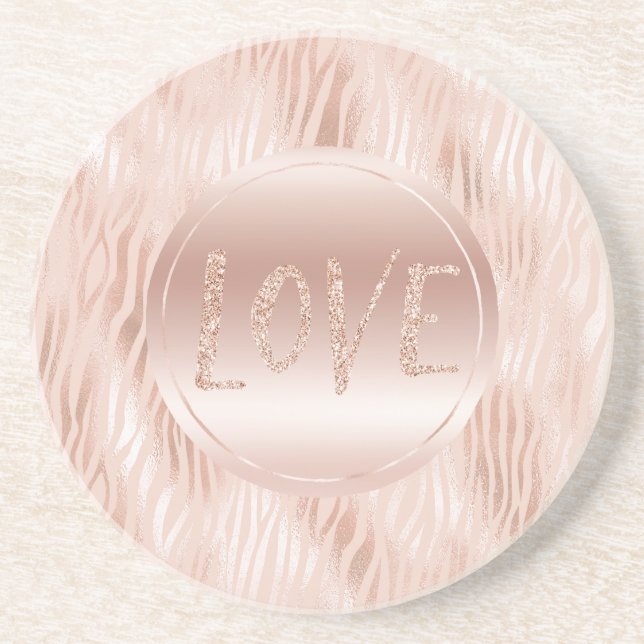 Blush Peach Pink Zebra Print Glitzer Liebe Getränkeuntersetzer (Vorne)