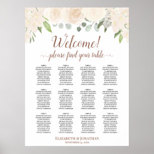 Blush Peach Rose 12 Table Wedding Seating Chart Poster