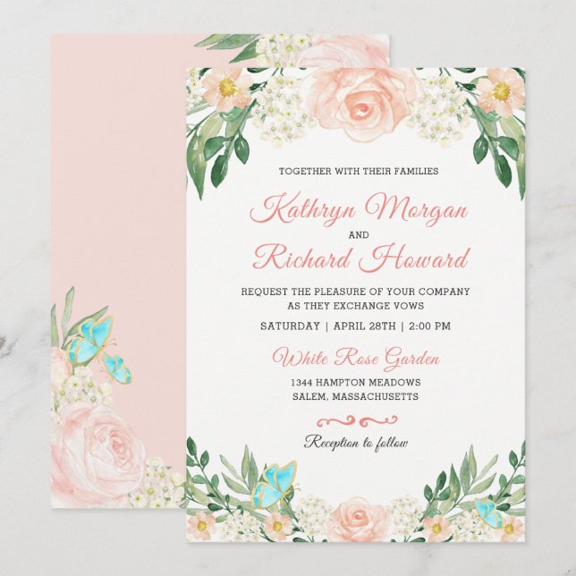 Blush Peach Rose Garden Wasserfarben Hochzeit Einl Einladung (Vorne/Hinten)