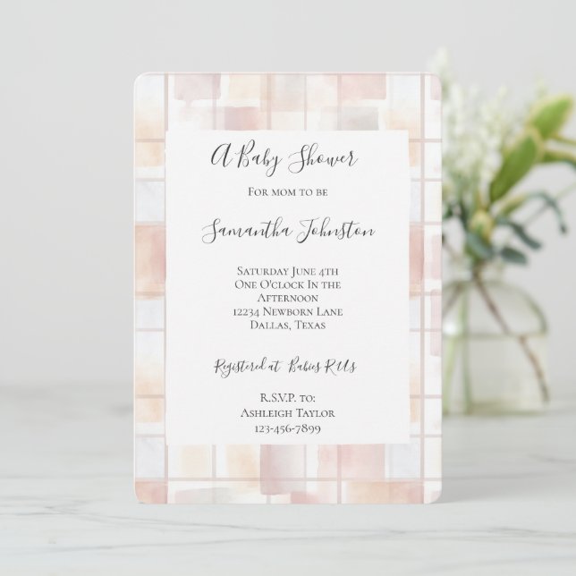Blush Peach Squares Baby Shower Einladung (Stehend Vorderseite)