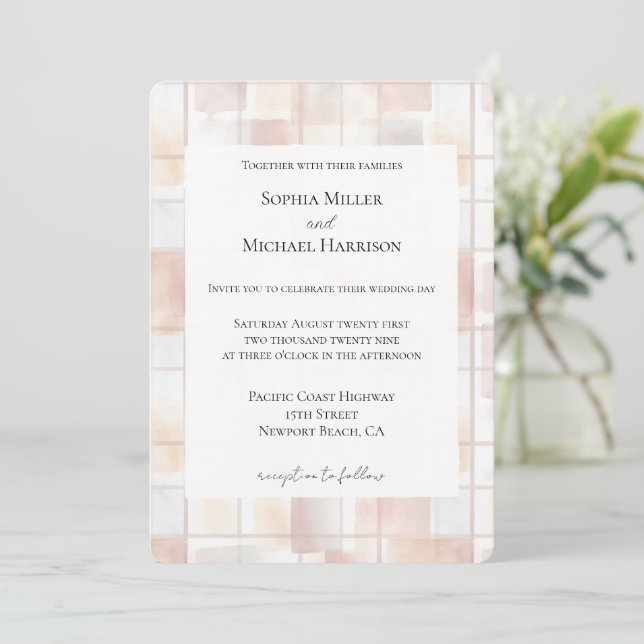 Blush Peach Squares Wedding Einladung (Stehend Vorderseite)