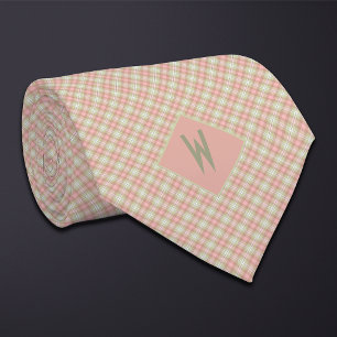 Blush Peach und Green Kariert Monogram Krawatte