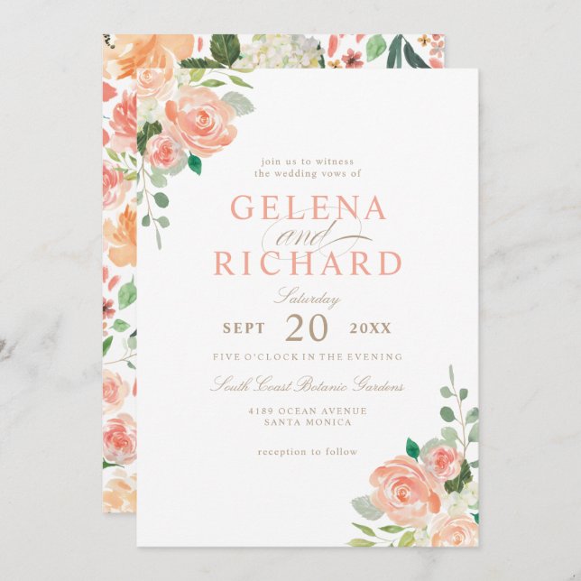 Blush Peach Wassercolor Blumenzehen Einladung (Vorne/Hinten)