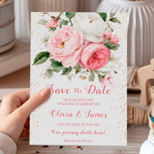Blush-Peongs und Goldfisch-Konfetti Save the Date Einladung