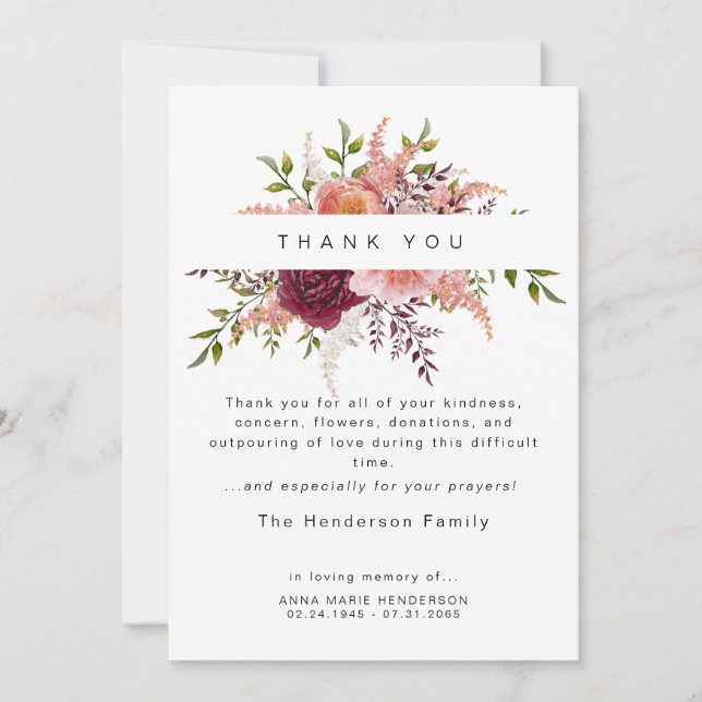 Blush Peonies Floral Bereavement Beerdigung Danke (Vorderseite)