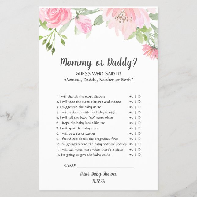Blush Peonies Mommy oder Daddy Game Flyer (Vorne)