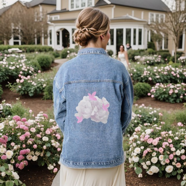 Blush Peonies und rosa Schmetterlinge Jeansjacke (Hochzeit Rückseite)