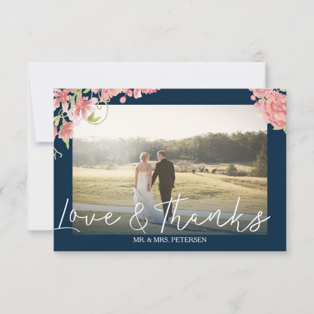 Blush peonies white marine Hochzeitssemble Foto vi Dankeskarte (Vorderseite)