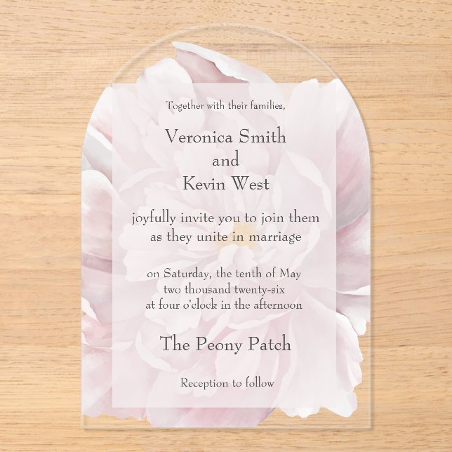 Blush Peony Clear Acrylic Hochzeitseinladung Acryleinladungen (Vorderseite)