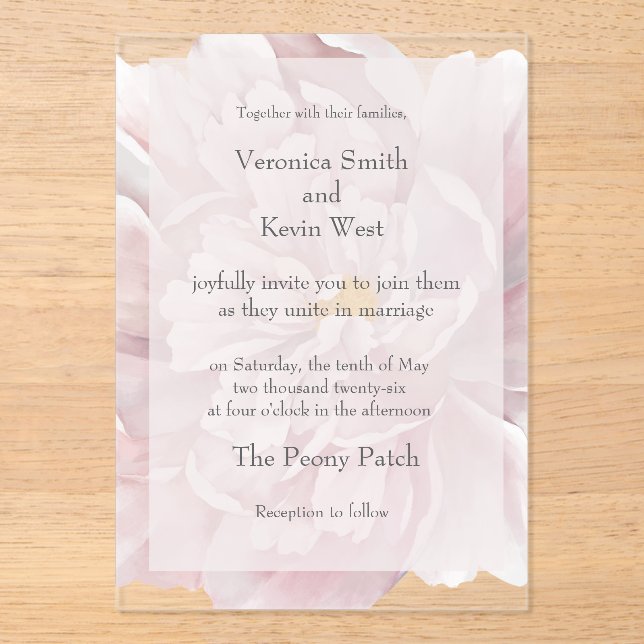Blush Peony Clear Acrylic Hochzeitseinladung Acryleinladungen (Vorderseite)