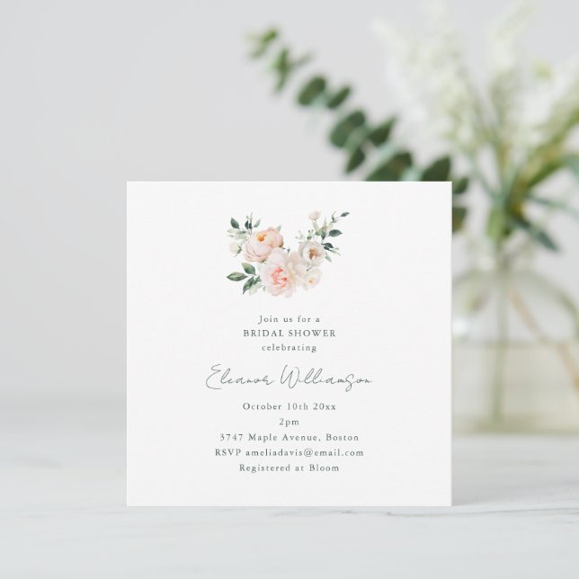 Blush Peony Floral Square Minimalist Bridal Shower Einladung (Stehend Vorderseite)