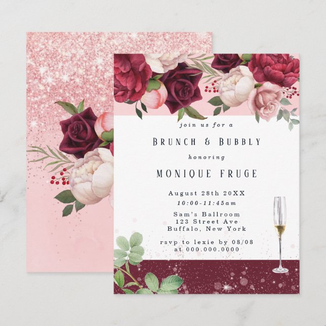 Blush Peony Glitzer Brunch & Bubbly Einladung (Vorne/Hinten)