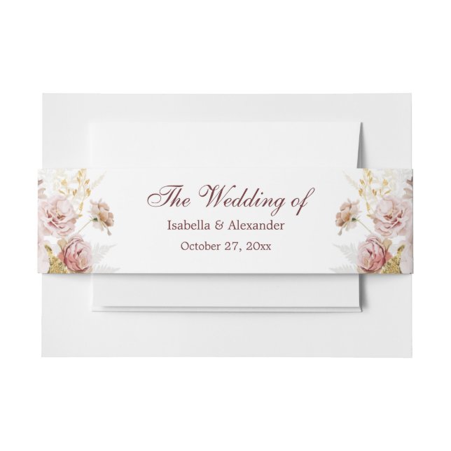 Blush Peony & Gold Burgund Blumenhochzeit Einladungsbanderole (Vorderseite Beispiel)