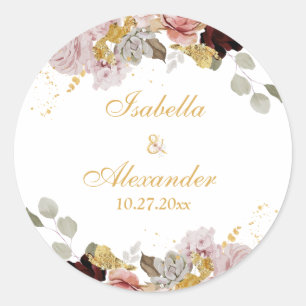 Blush Peony & Gold Burgund Blumenhochzeit Runder Aufkleber