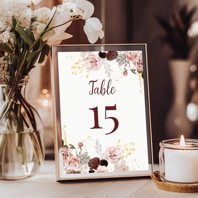 Blush Peony & Gold Burgundy Wedding Tischnummer (Von Creator hochgeladen)