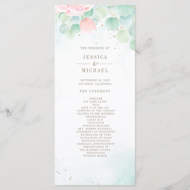 Blush Peony Greenery Eucalyptus Watercolor Wedding Programm (Vorderseite)
