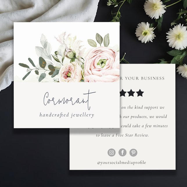 Blush Peony Leafy Botanical Floral Review Request Quadratische Visitenkarte (Von Creator hochgeladen)