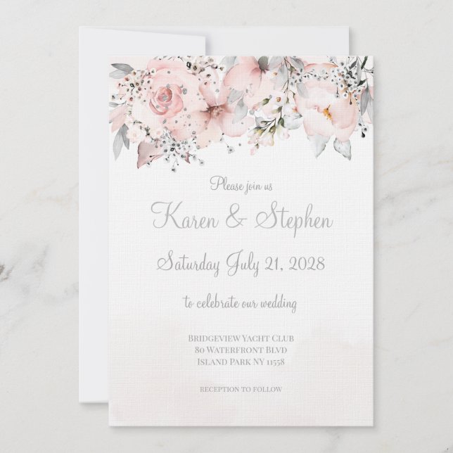 Blush Peony Silver Eucalyptus Wedding Einladung (Vorderseite)
