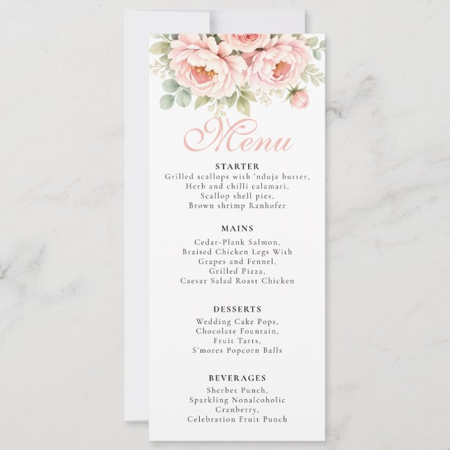 Blush Peony Wedding Menu Card (Vorderseite)