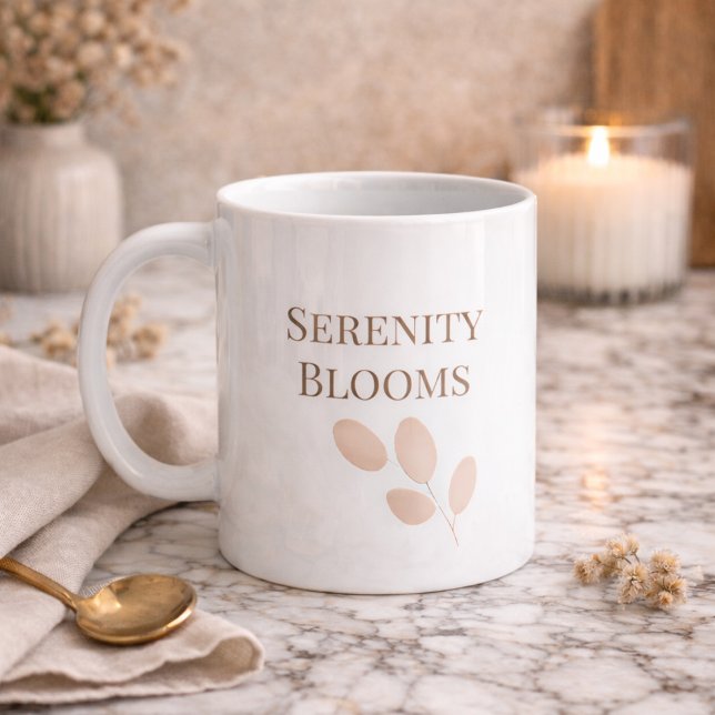 Blush Petal Script Classic Mug, 11 oz Kaffeetasse (White ceramic with a blush petal accent and taupe serif text adds polish to daily coffee rituals.)