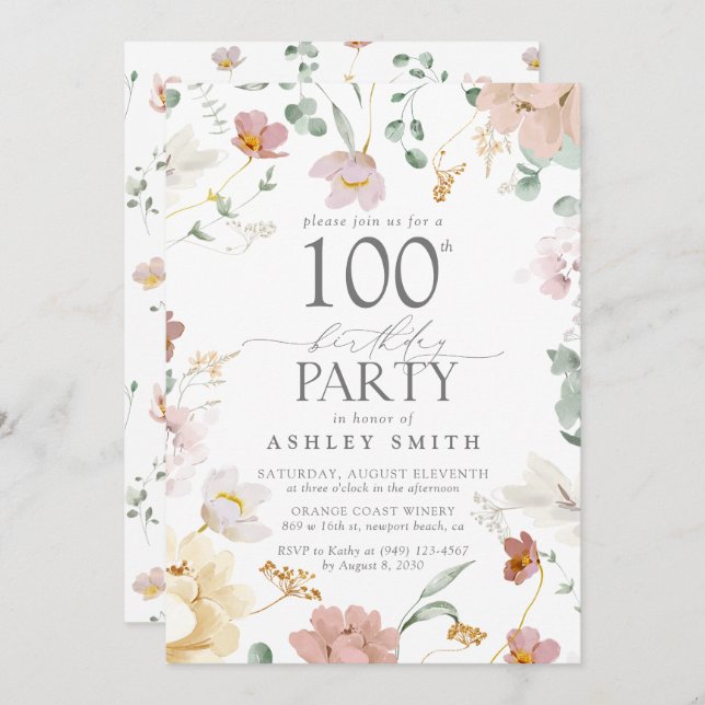 Blush Pink 100th Birthday Party Wasserfarbe Blume Einladung (Vorne/Hinten)