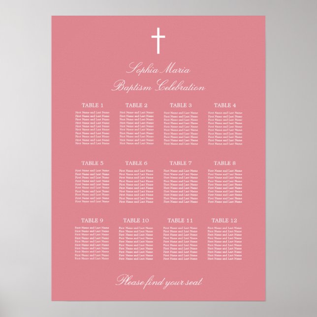 Blush Pink 12 Taufen Seating Chart Poster (Vorne)